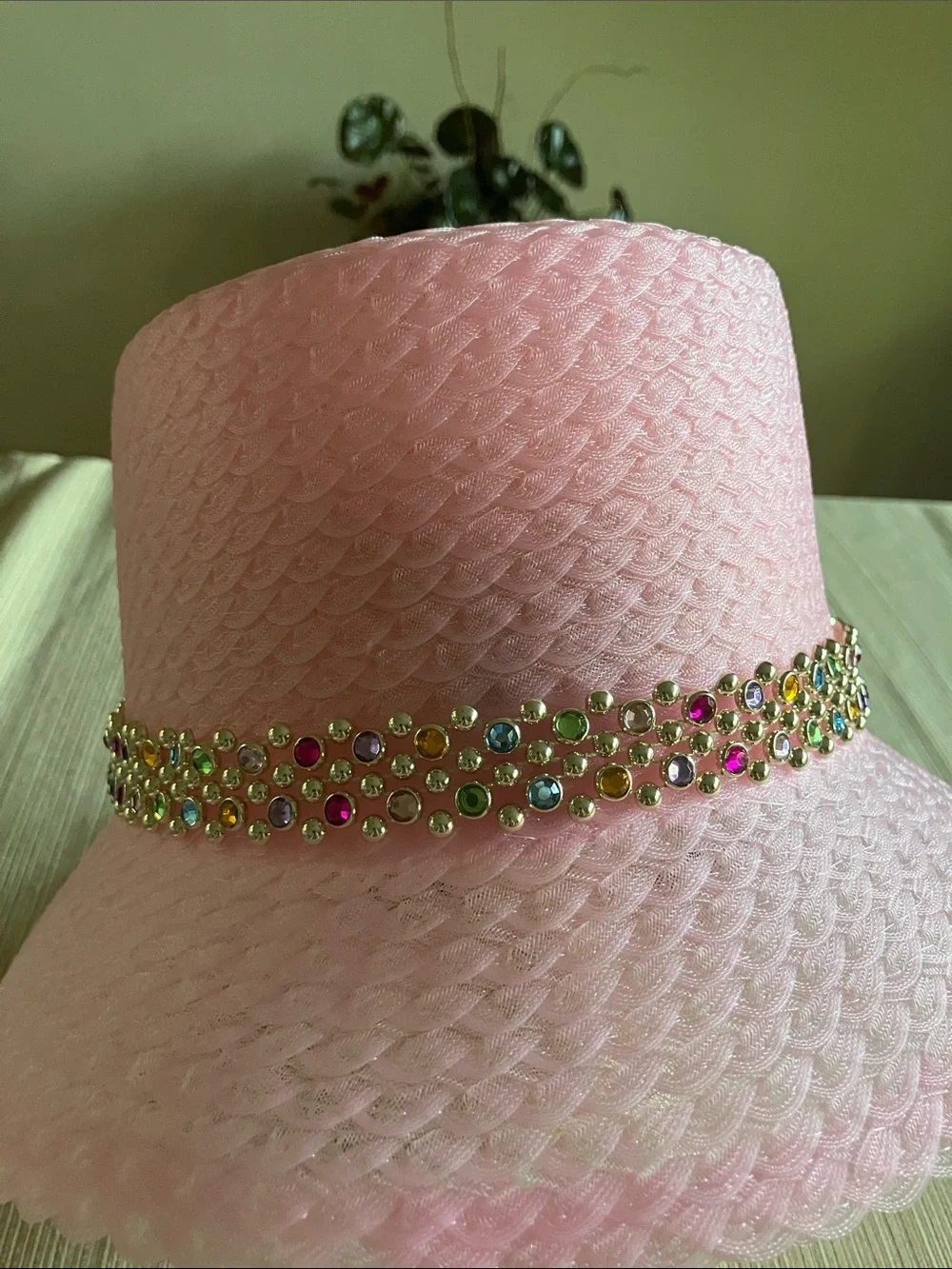 Pink bucket Hat with Gold Beaded Multi Colored Crystal Band